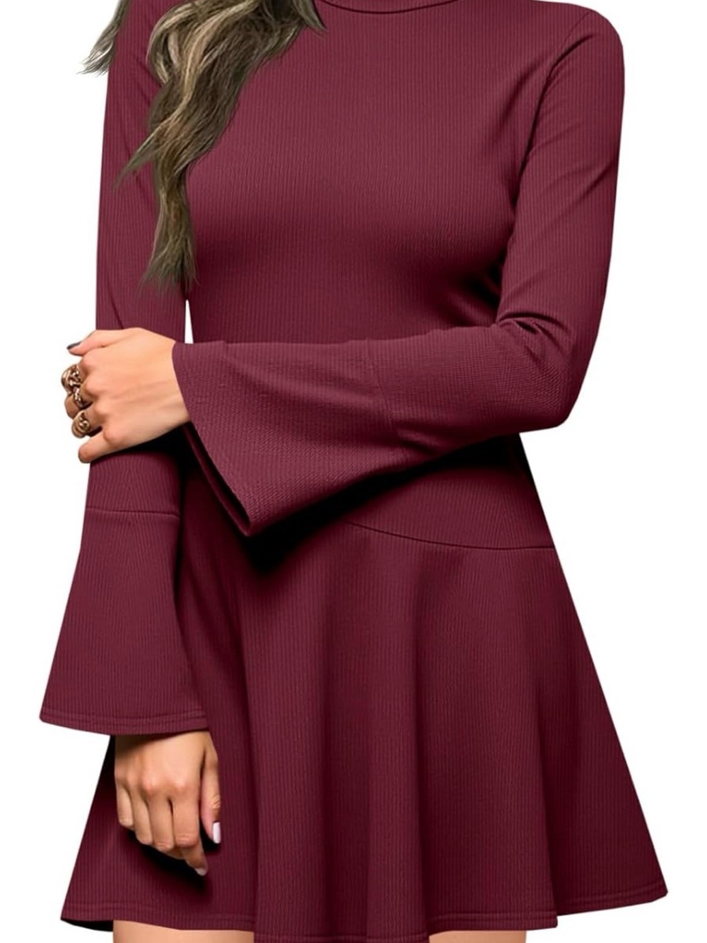 High-Neck Bell Sleeve Mini Dress in Burgundyw Wine party office trendy casual XL